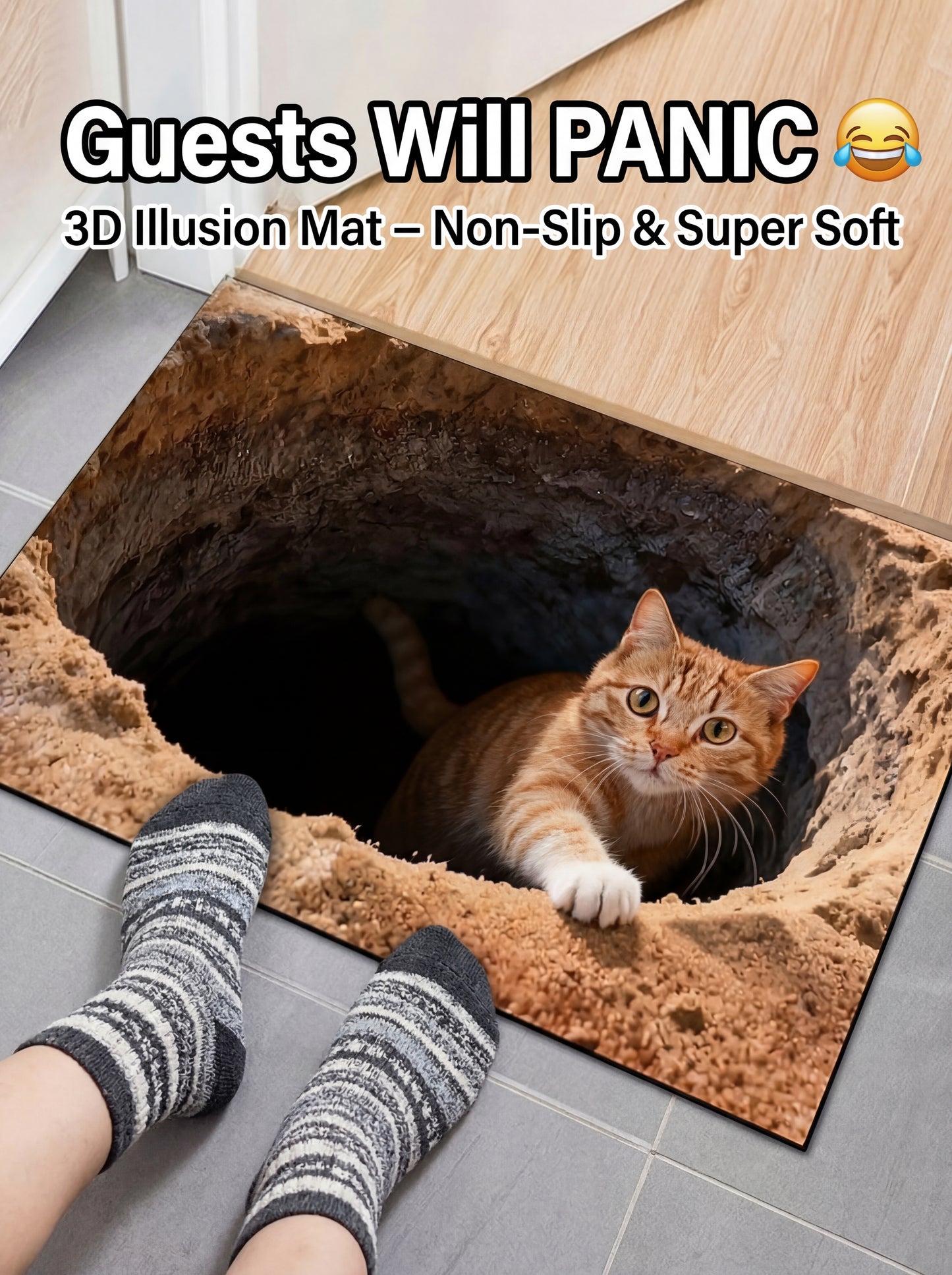 3D Optical Illusion Cat Round Hole Door Mat Daily Home Anti-slip Carpet 2D Flat Living Room Bedroom Bathroom Doorway Decor Rug