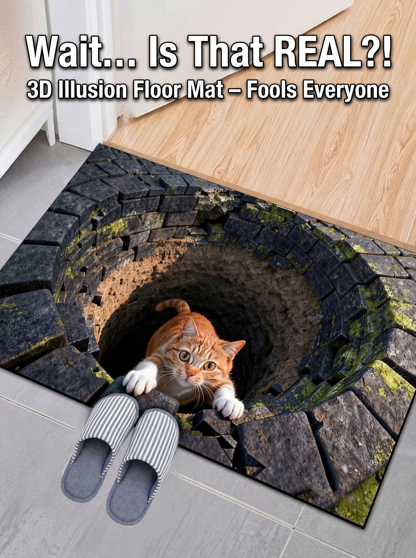 3D Optical Illusion Cat Round Hole Door Mat Daily Home Anti-slip Carpet 2D Flat Living Room Bedroom Bathroom Doorway Decor Rug