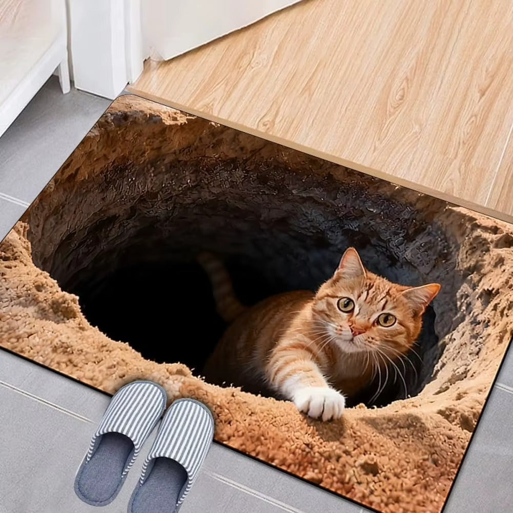 3D Optical Illusion Cat Round Hole Door Mat Daily Home Anti-slip Carpet 2D Flat Living Room Bedroom Bathroom Doorway Decor Rug