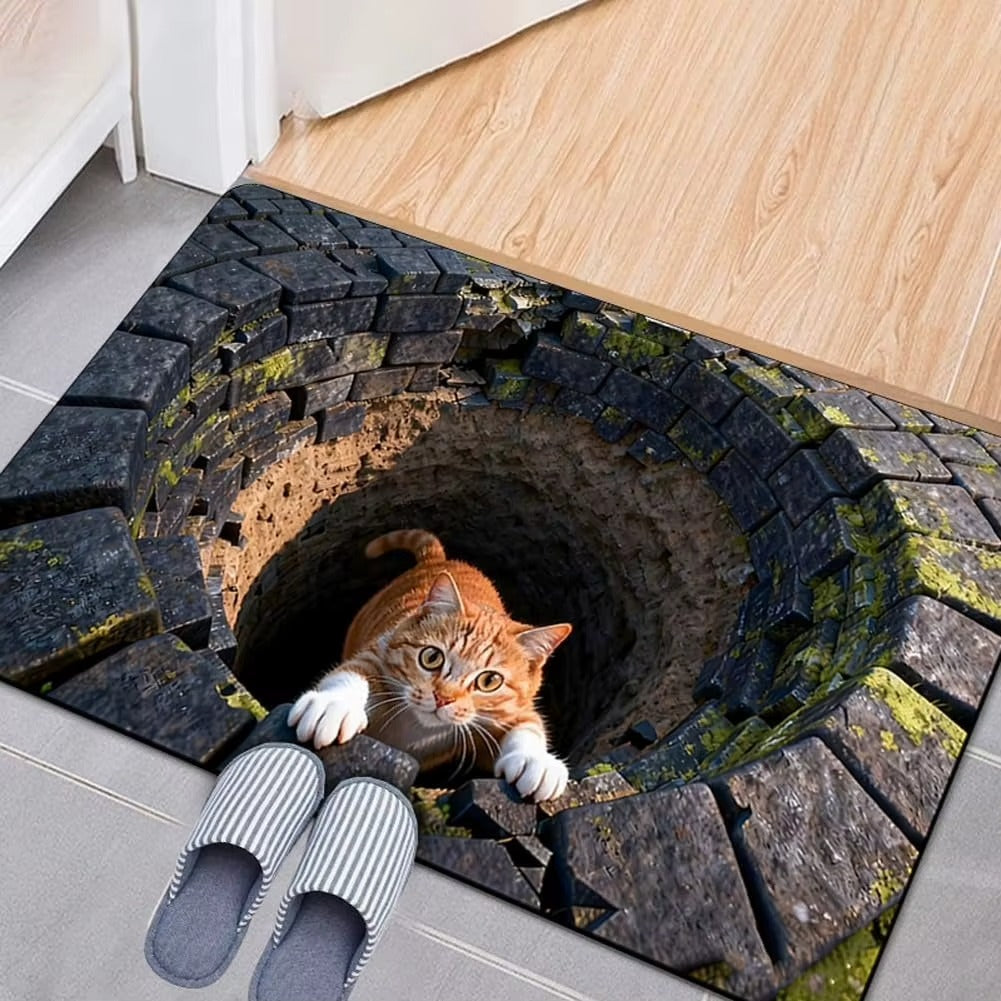 3D Optical Illusion Cat Round Hole Door Mat Daily Home Anti-slip Carpet 2D Flat Living Room Bedroom Bathroom Doorway Decor Rug